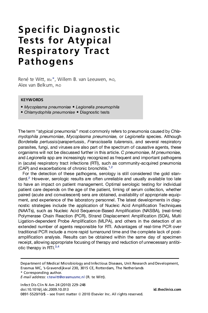Specific Diagnostic Tests for Atypical Respiratory Tract Pathogens