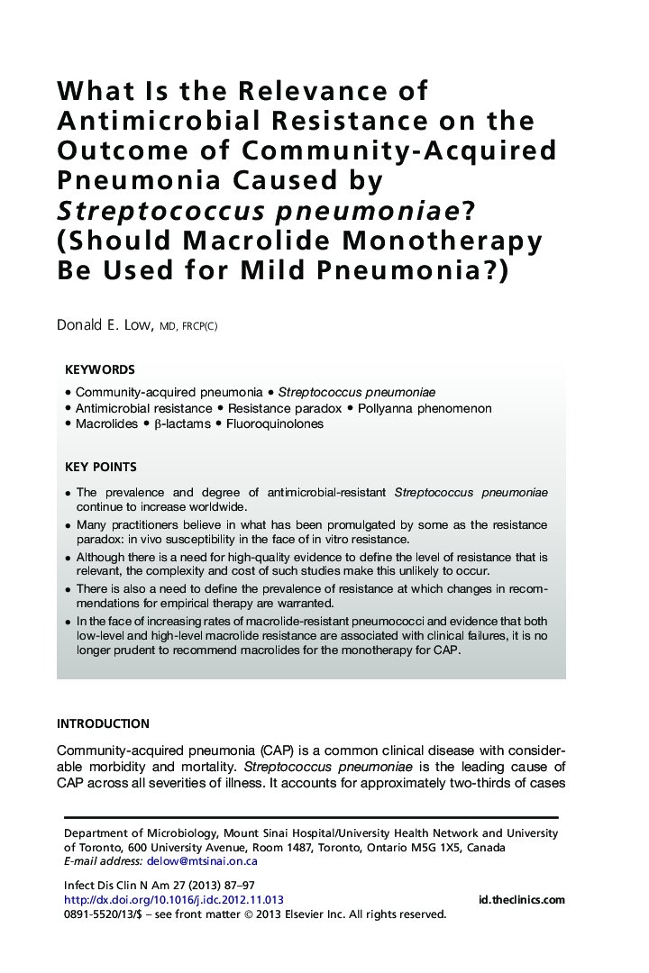 What Is the Relevance of Antimicrobial Resistance on the Outcome of Community-Acquired Pneumonia Caused by Streptococcus pneumoniae? (Should Macrolide Monotherapy Be Used for Mild Pneumonia?)