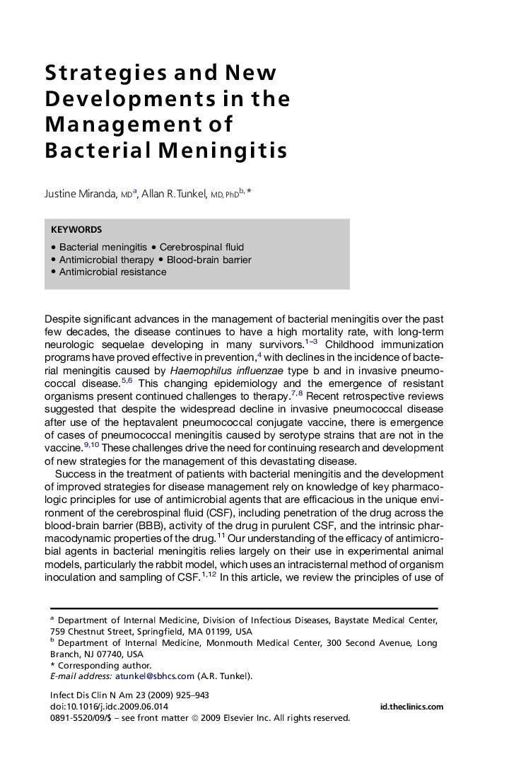 Strategies and New Developments in the Management of Bacterial Meningitis