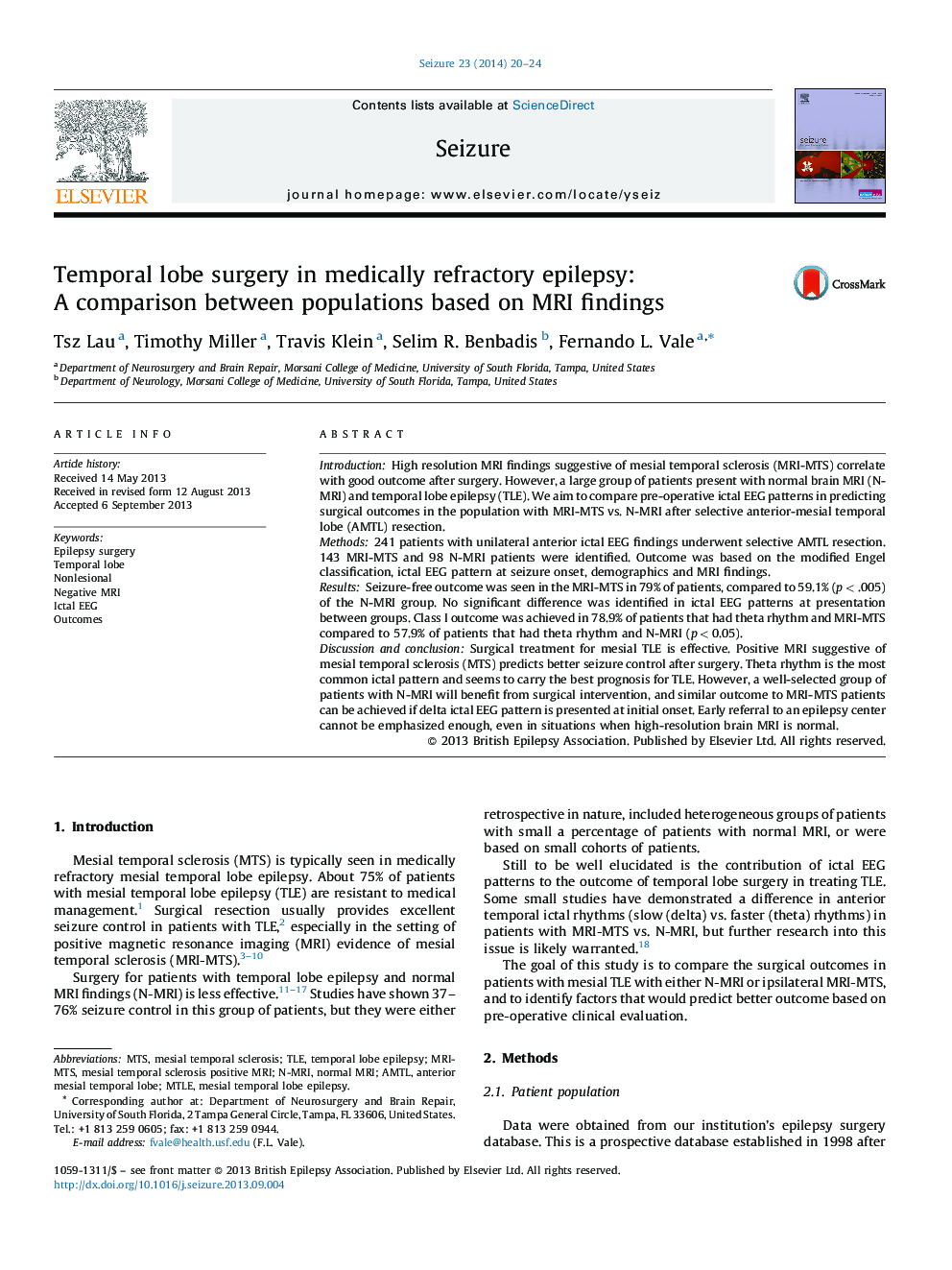 Temporal lobe surgery in medically refractory epilepsy: A comparison between populations based on MRI findings