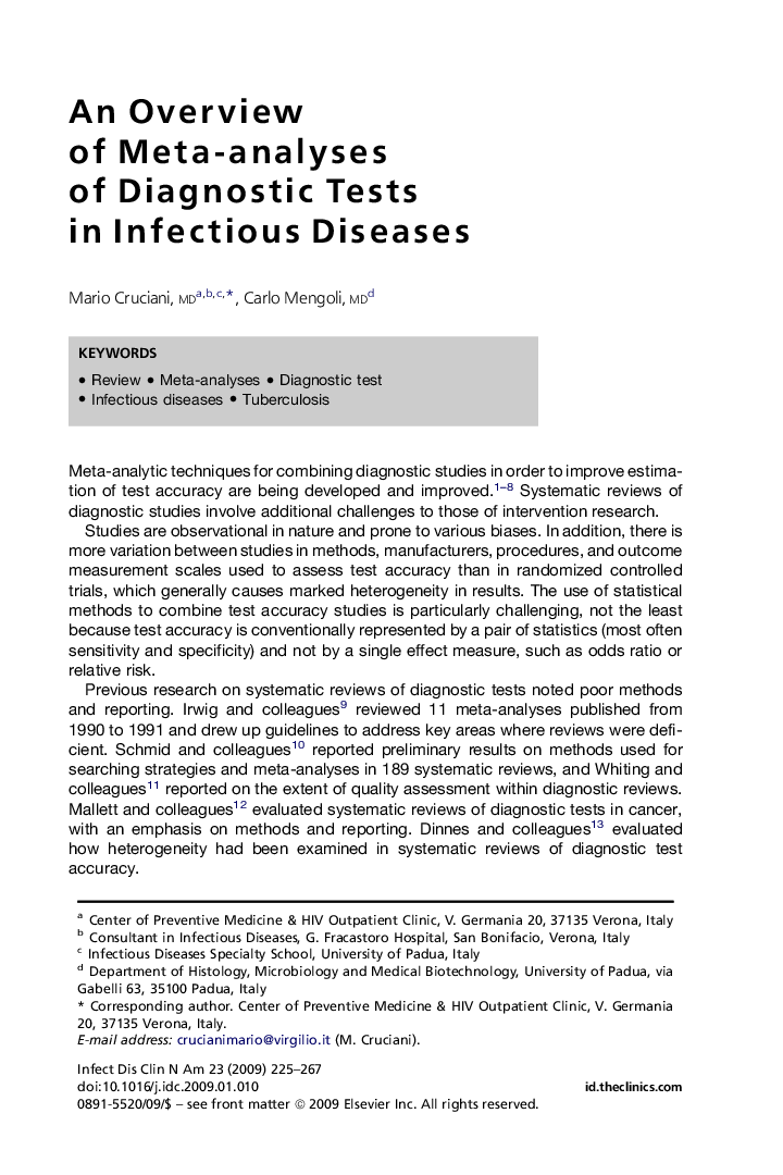 An Overview of Meta-analyses of Diagnostic Tests in Infectious Diseases