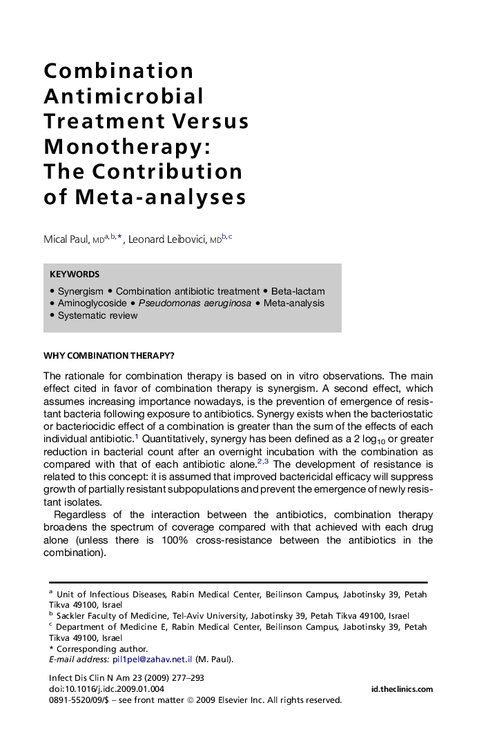 Combination Antimicrobial Treatment Versus Monotherapy: The Contribution of Meta-analyses