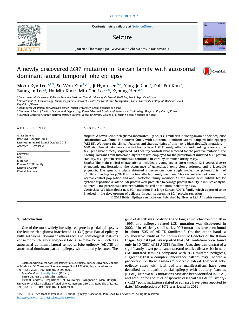 A newly discovered LGI1 mutation in Korean family with autosomal dominant lateral temporal lobe epilepsy