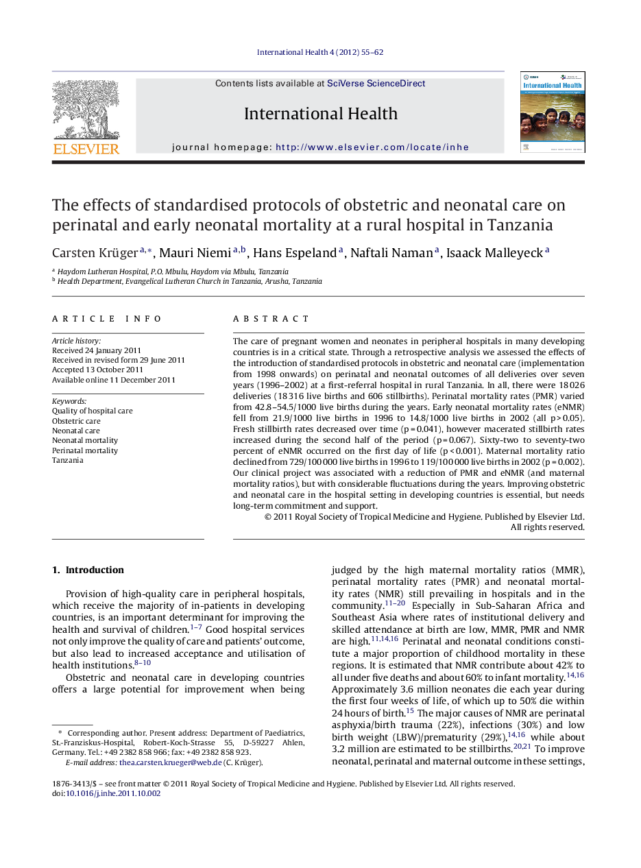 The effects of standardised protocols of obstetric and neonatal care on perinatal and early neonatal mortality at a rural hospital in Tanzania