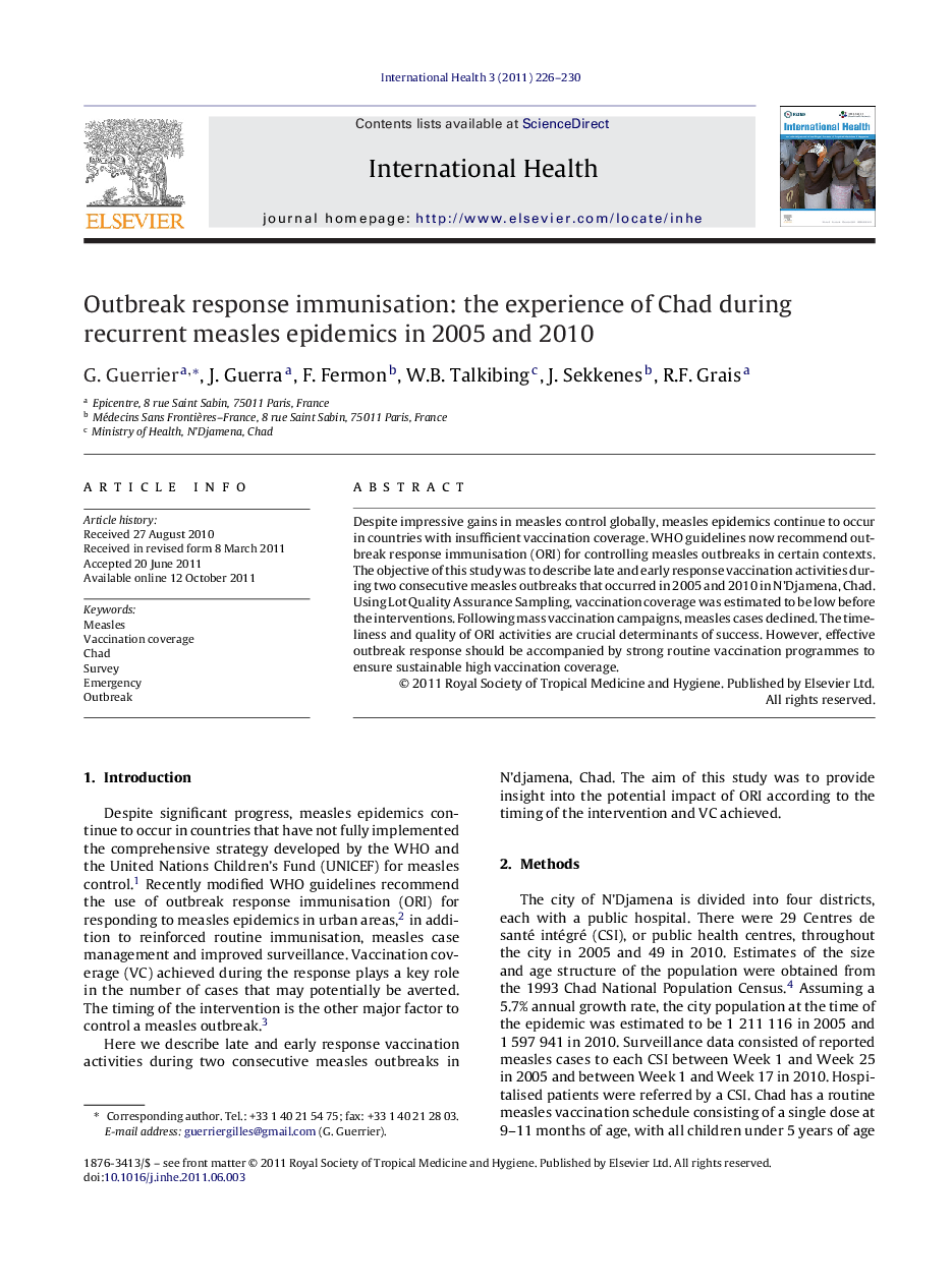عکس صفحه اول مقاله: Outbreak response immunisation: the experience of Chad during recurrent measles epidemics in 2005 and 2010 Outbreak response immunisation: the experience of Chad during recurrent measles epidemics in 2005 and 2010