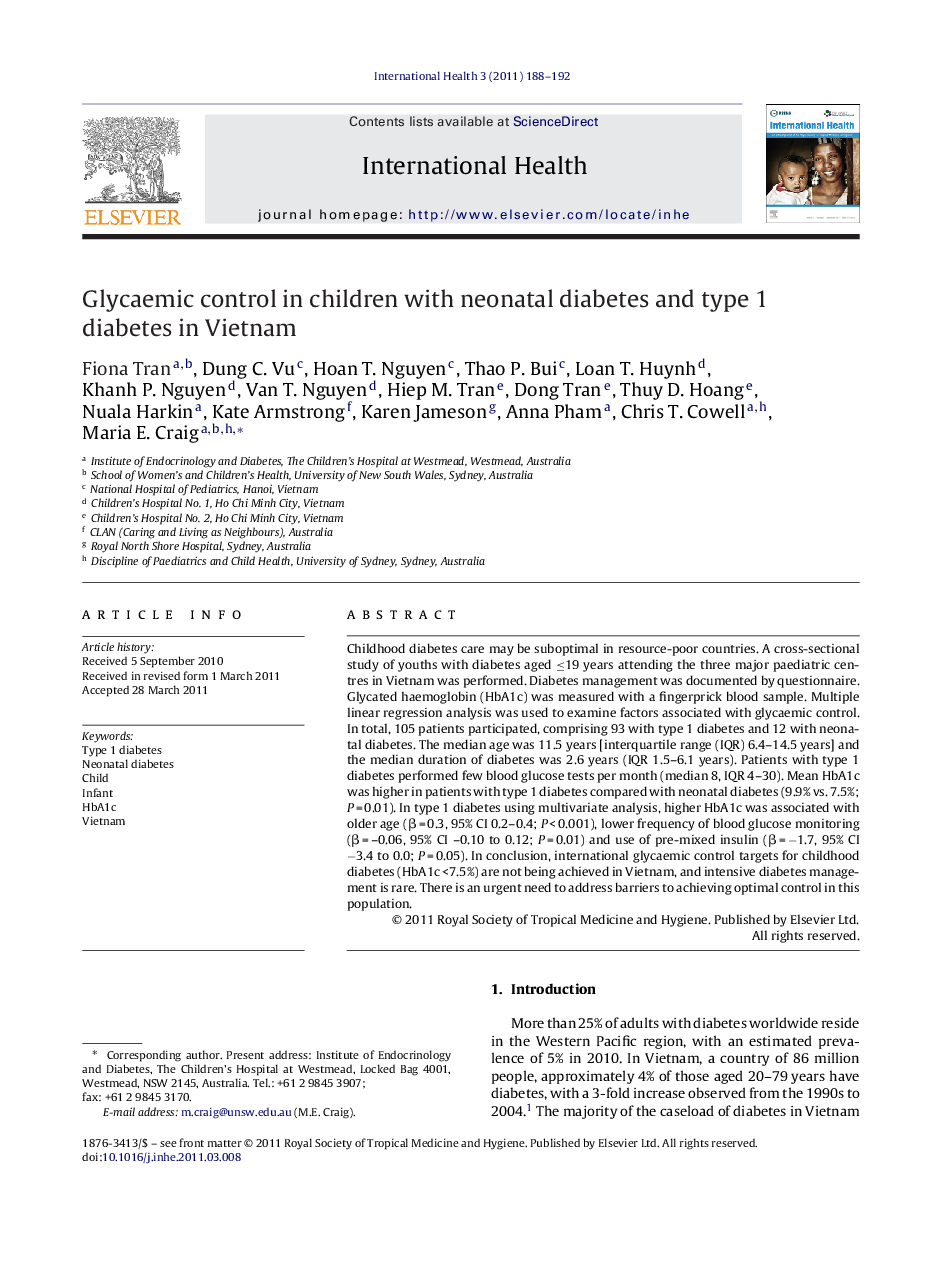 Glycaemic control in children with neonatal diabetes and type 1 diabetes in Vietnam