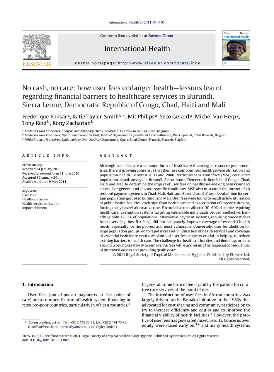 No cash, no care: how user fees endanger health—lessons learnt regarding financial barriers to healthcare services in Burundi, Sierra Leone, Democratic Republic of Congo, Chad, Haiti and Mali