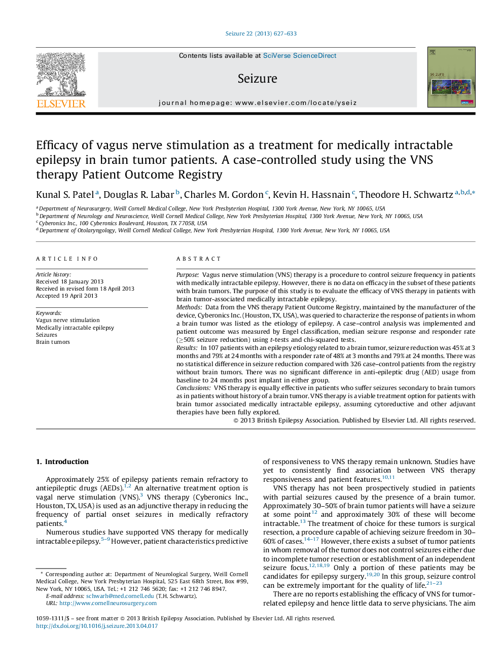 Efficacy of vagus nerve stimulation as a treatment for medically intractable epilepsy in brain tumor patients. A case-controlled study using the VNS therapy Patient Outcome Registry