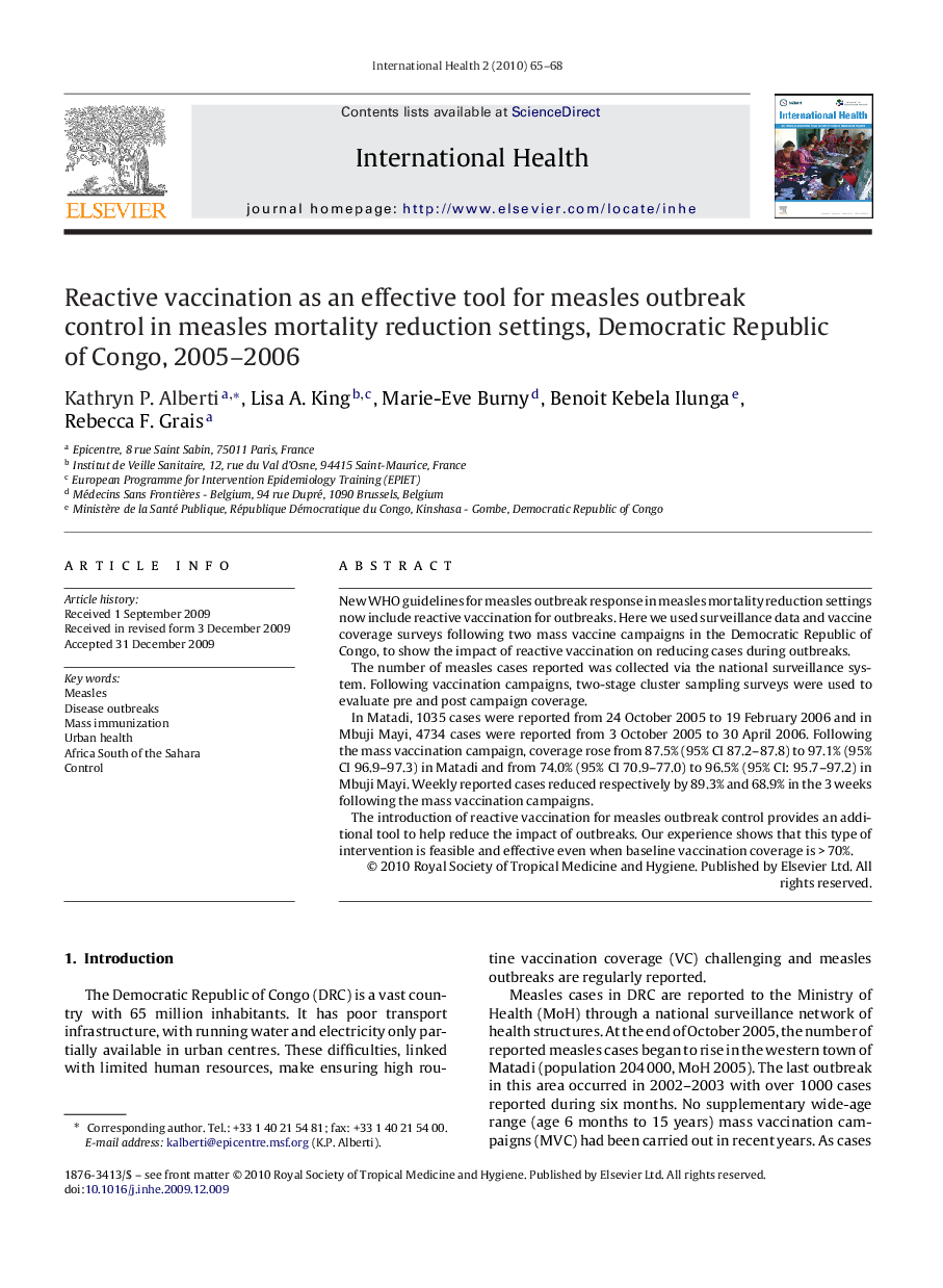 Reactive vaccination as an effective tool for measles outbreak control in measles mortality reduction settings, Democratic Republic of Congo, 2005-2006