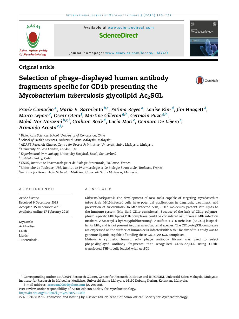 Selection of phage-displayed human antibody fragments specific for CD1b presenting the Mycobacterium tuberculosis glycolipid Ac2SGL 