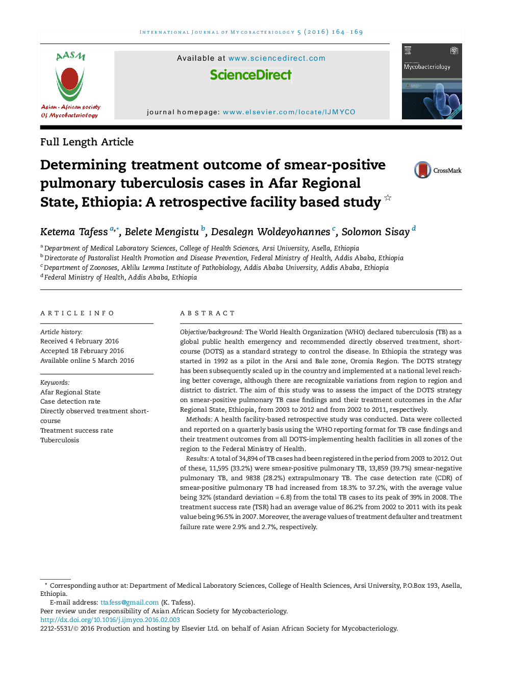 Determining treatment outcome of smear-positive pulmonary tuberculosis cases in Afar Regional State, Ethiopia: A retrospective facility based study 