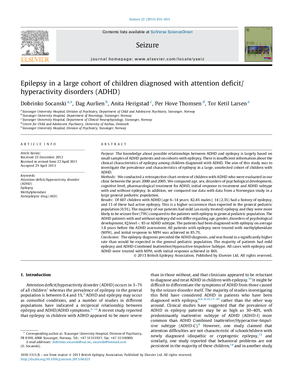 Epilepsy in a large cohort of children diagnosed with attention deficit/hyperactivity disorders (ADHD)