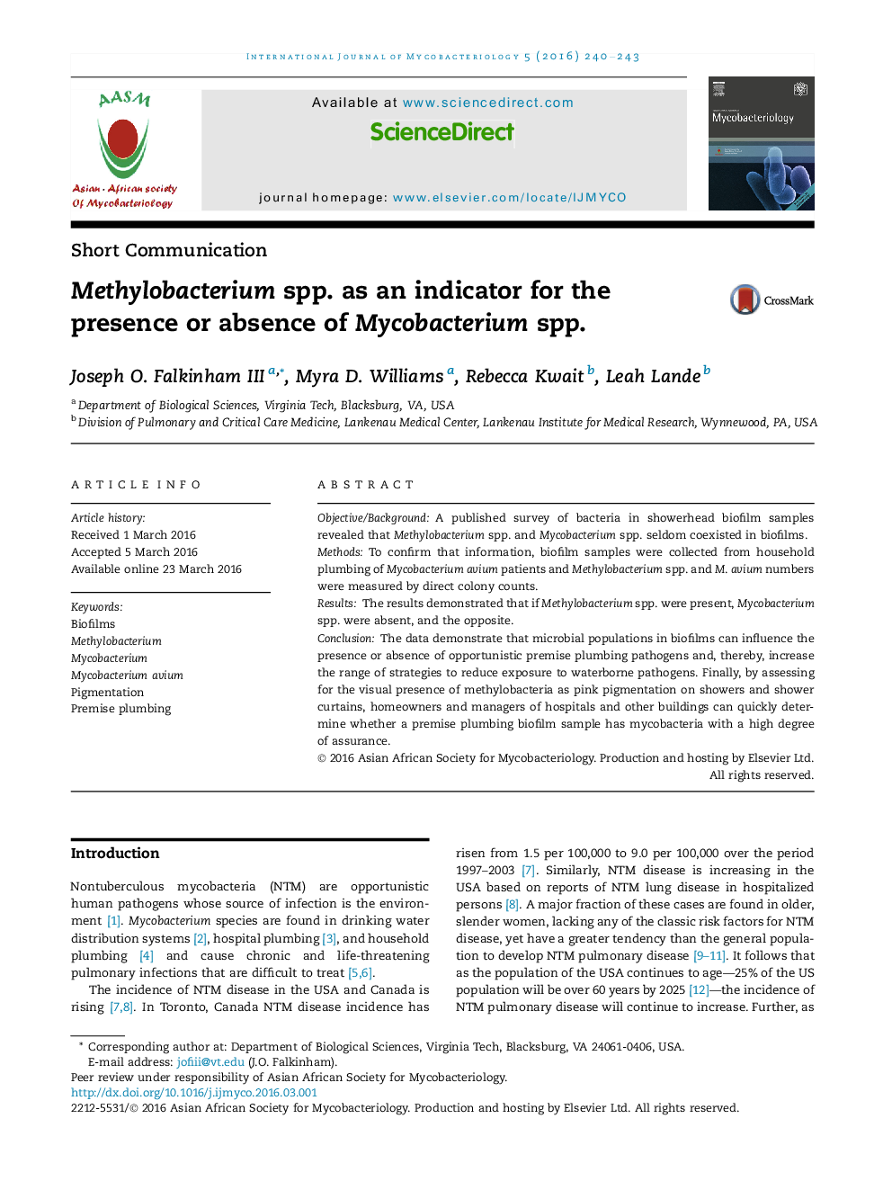 Methylobacterium spp. as an indicator for the presence or absence of Mycobacterium spp. 