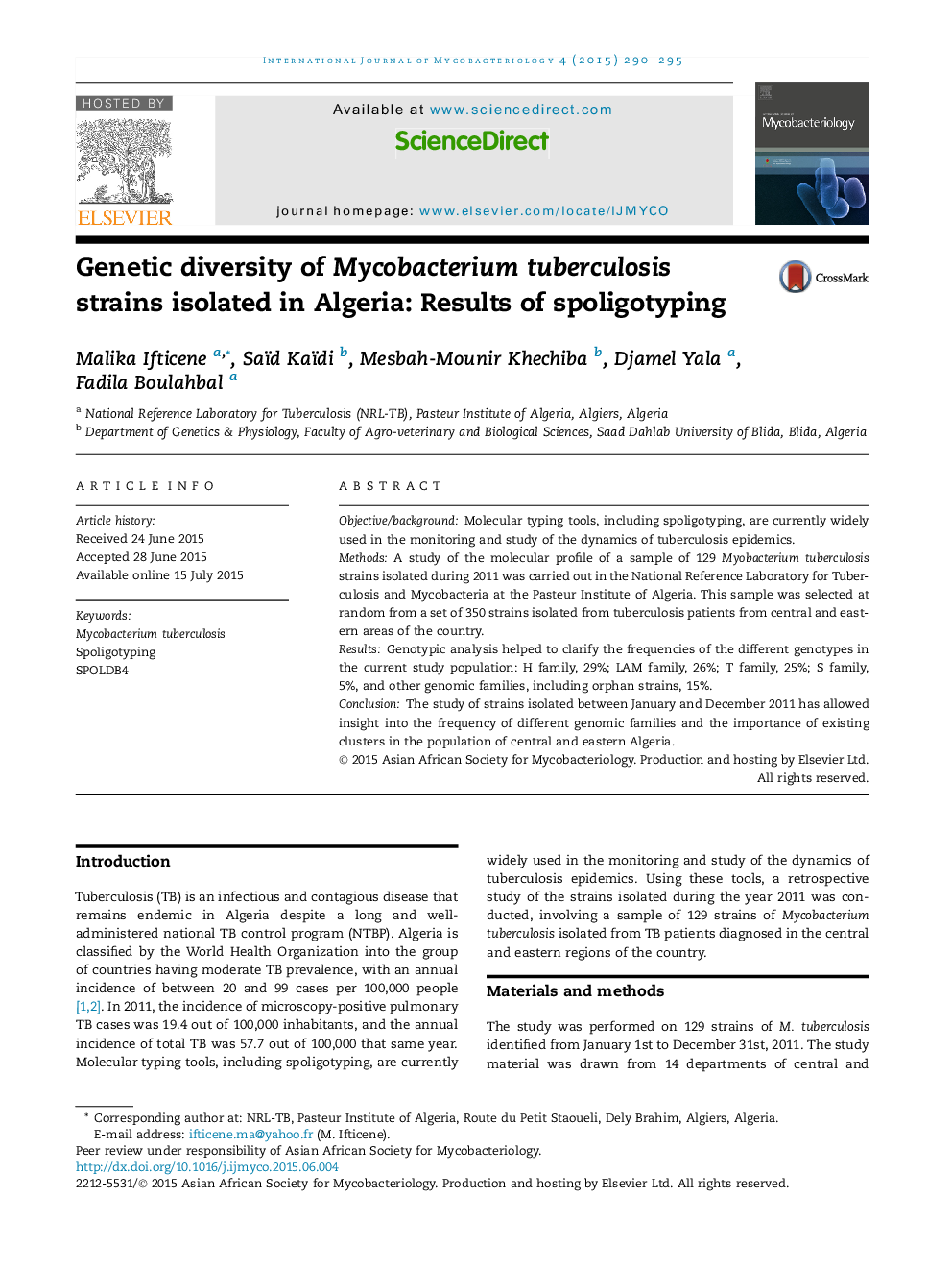 Genetic diversity of Mycobacterium tuberculosis strains isolated in Algeria: Results of spoligotyping 