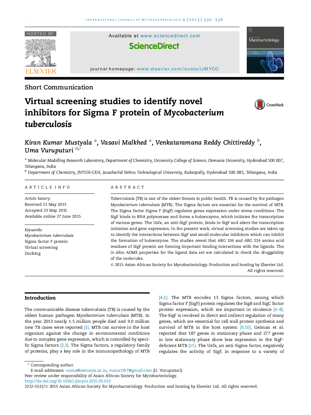 Virtual screening studies to identify novel inhibitors for Sigma F protein of Mycobacterium tuberculosis 