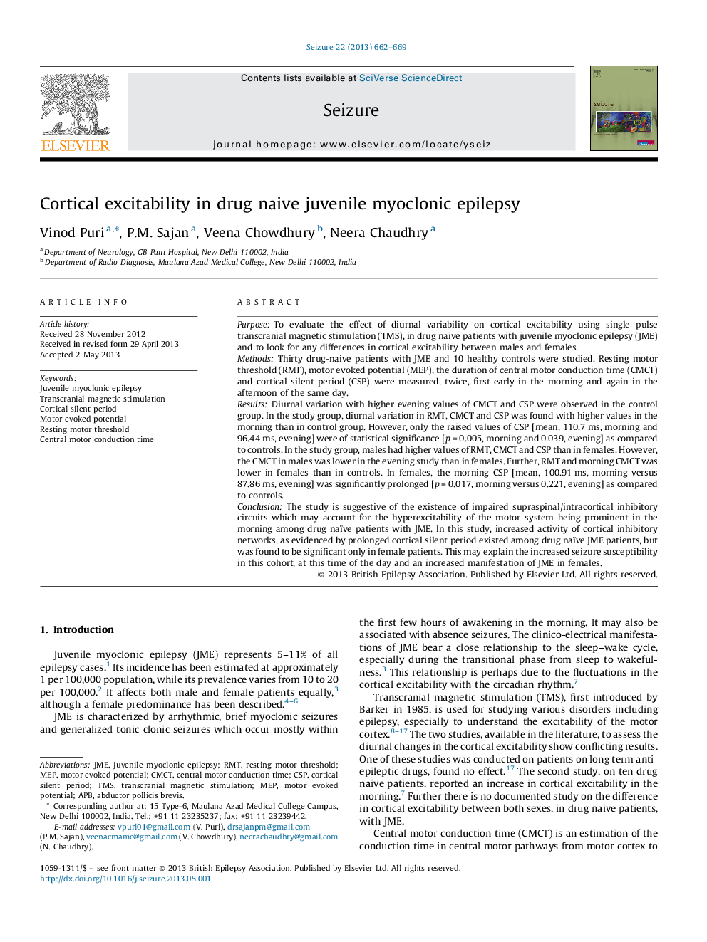 Cortical excitability in drug naive juvenile myoclonic epilepsy