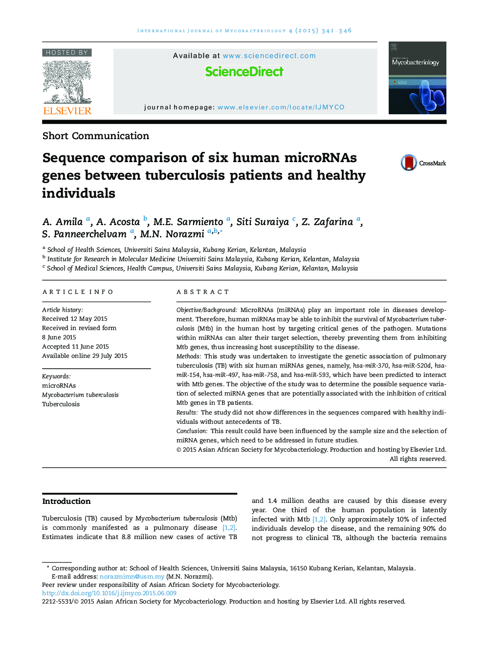 Sequence comparison of six human microRNAs genes between tuberculosis patients and healthy individuals 