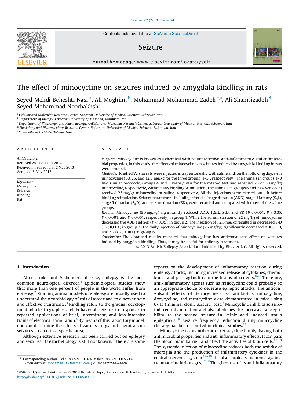 The effect of minocycline on seizures induced by amygdala kindling in rats