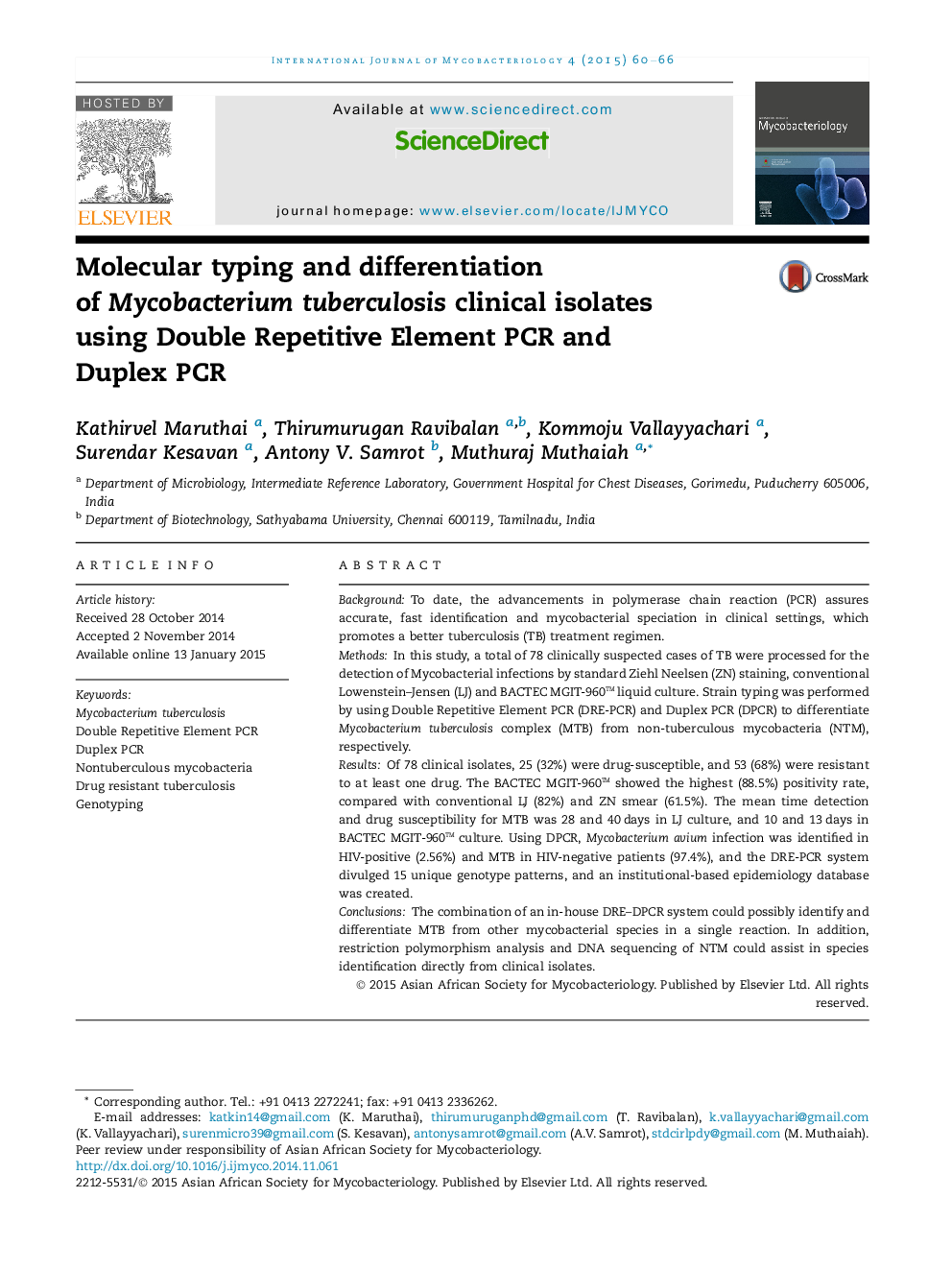 Molecular typing and differentiation of Mycobacterium tuberculosis clinical isolates using Double Repetitive Element PCR and Duplex PCR 