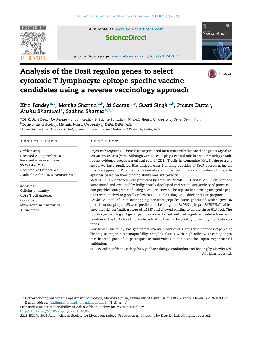 Analysis of the DosR regulon genes to select cytotoxic T lymphocyte epitope specific vaccine candidates using a reverse vaccinology approach 