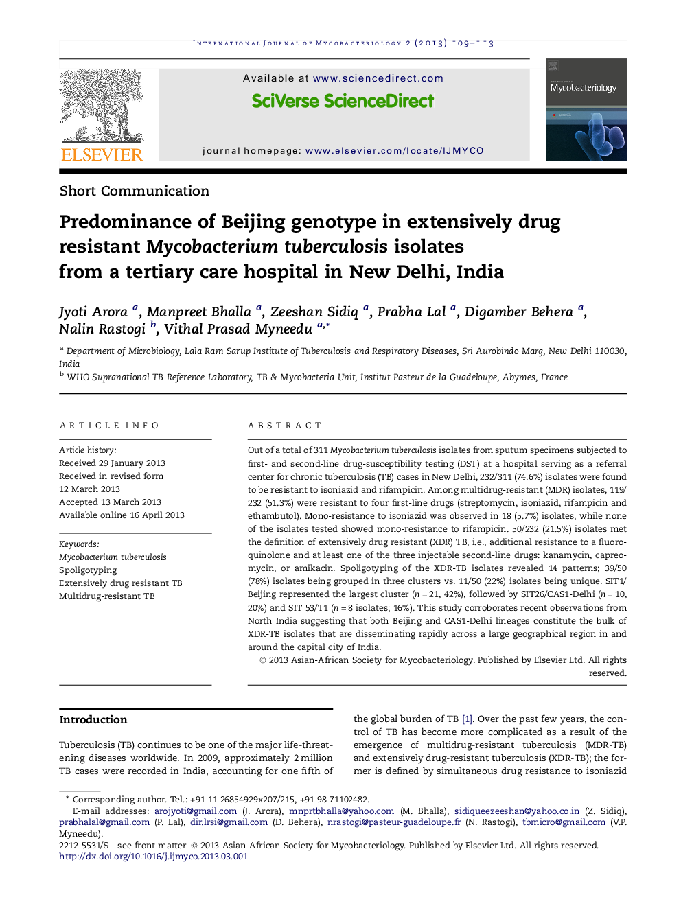 Predominance of Beijing genotype in extensively drug resistant Mycobacterium tuberculosis isolates from a tertiary care hospital in New Delhi, India