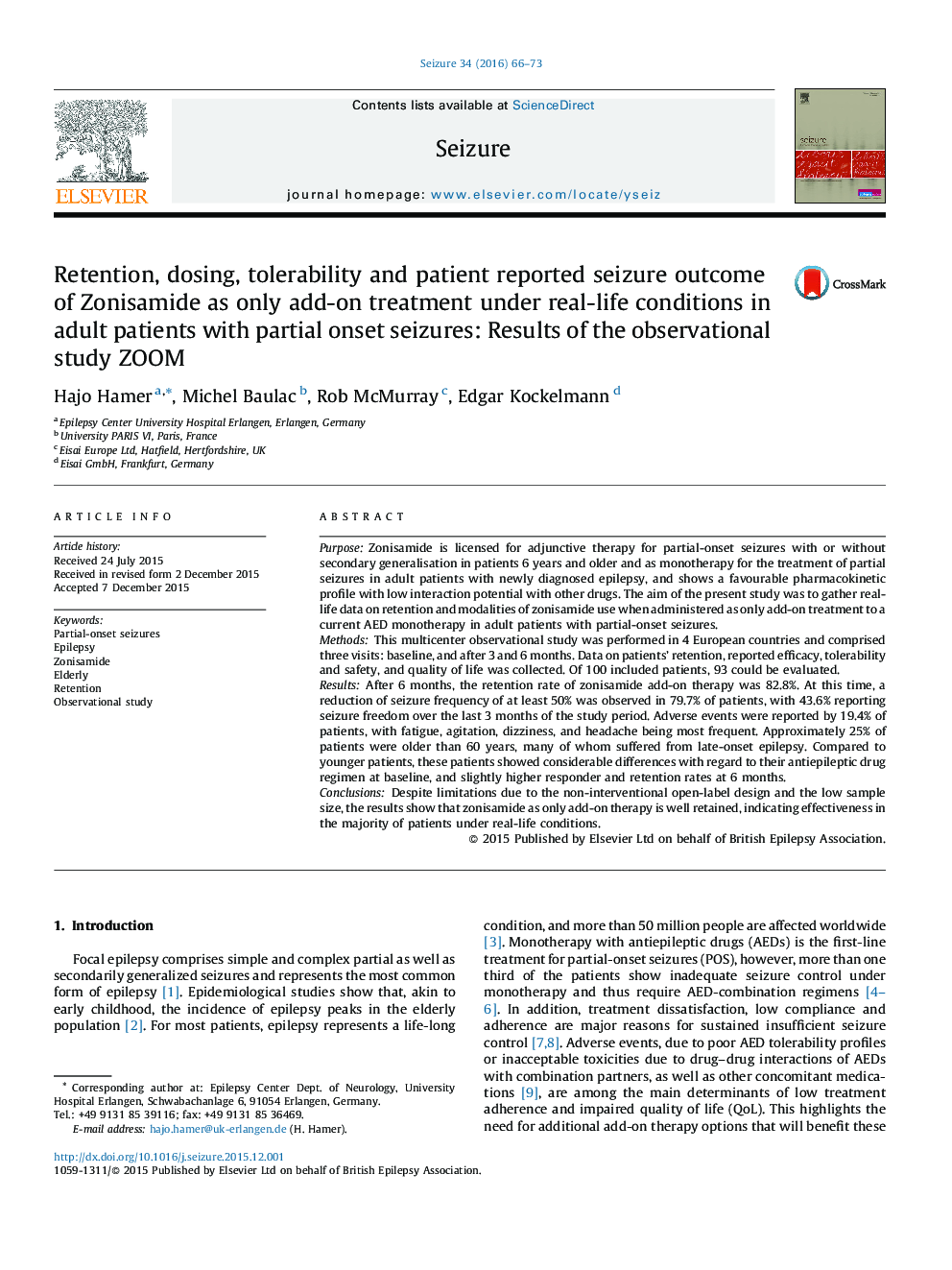 Retention, dosing, tolerability and patient reported seizure outcome of Zonisamide as only add-on treatment under real-life conditions in adult patients with partial onset seizures: Results of the observational study ZOOM