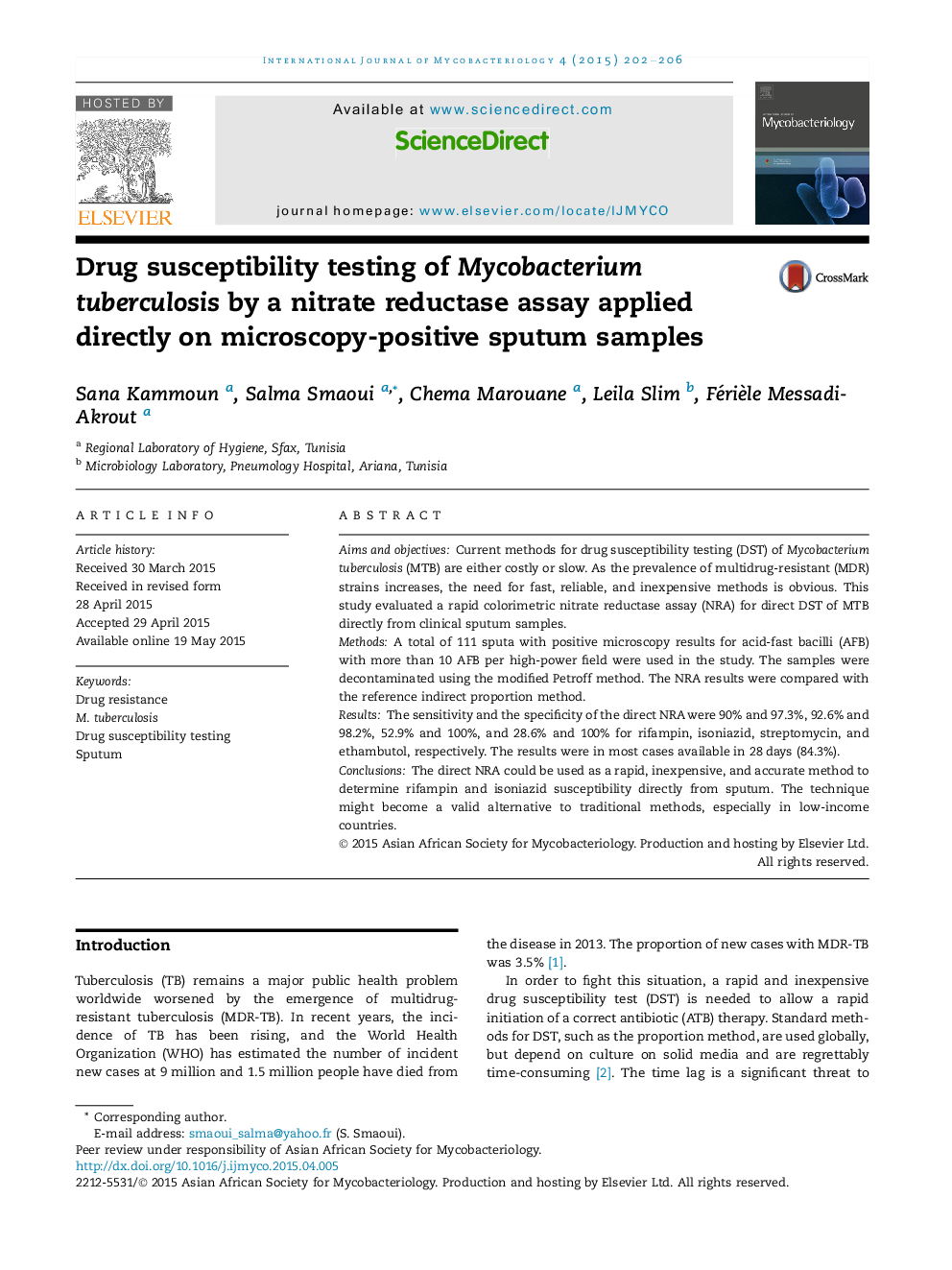 Drug susceptibility testing of Mycobacterium tuberculosis by a nitrate reductase assay applied directly on microscopy-positive sputum samples 