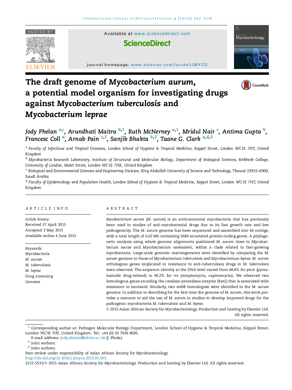 The draft genome of Mycobacterium aurum, a potential model organism for investigating drugs against Mycobacterium tuberculosis and Mycobacterium leprae 