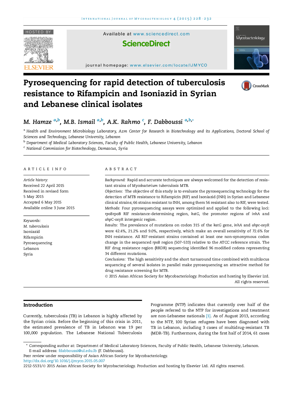Pyrosequencing for rapid detection of tuberculosis resistance to Rifampicin and Isoniazid in Syrian and Lebanese clinical isolates 