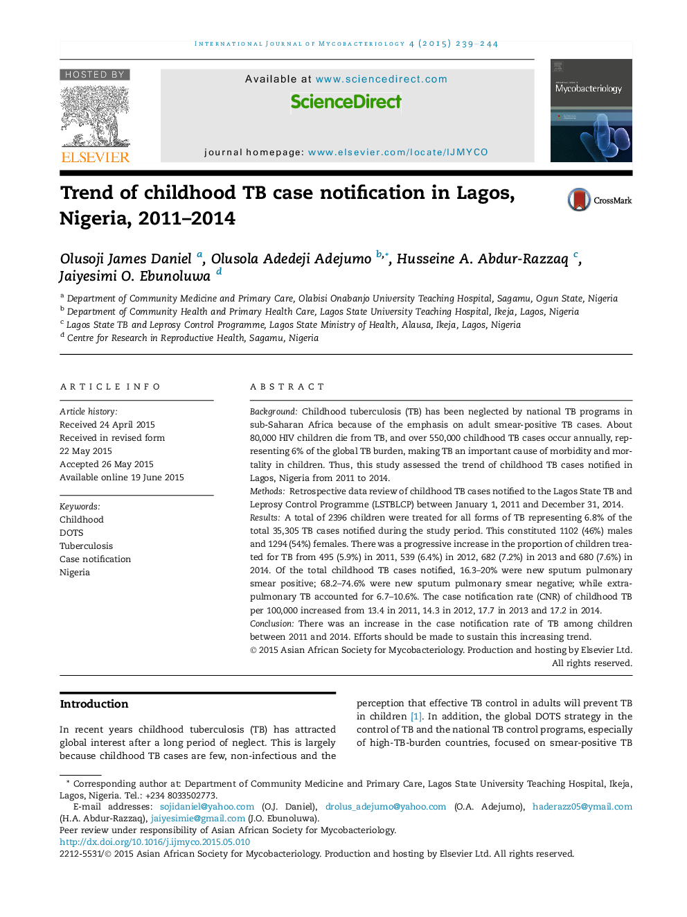 Trend of childhood TB case notification in Lagos, Nigeria, 2011–2014 