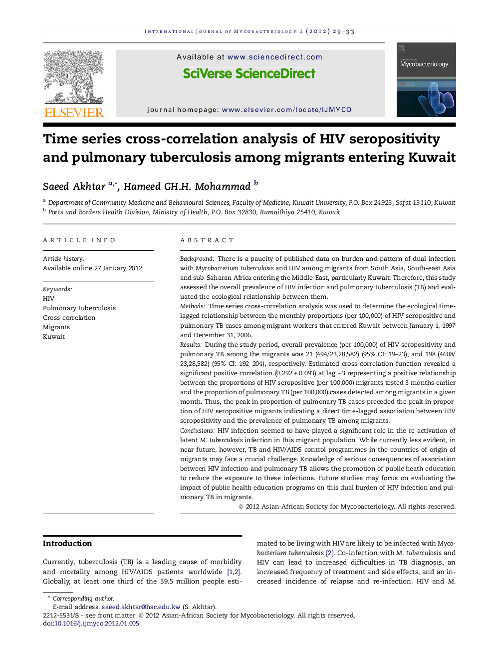 Time series cross-correlation analysis of HIV seropositivity and pulmonary tuberculosis among migrants entering Kuwait