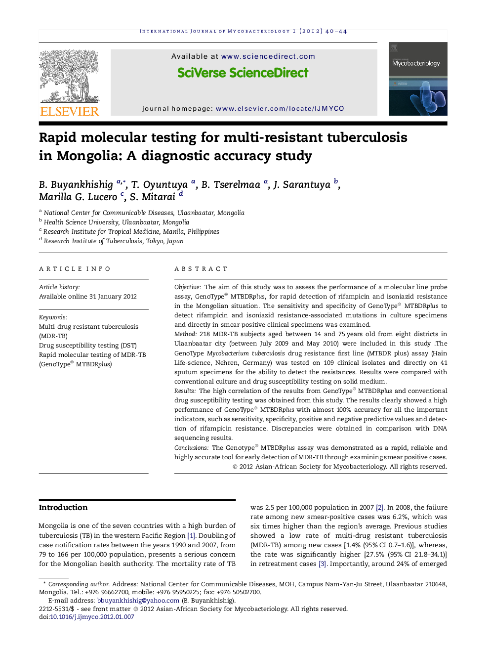 Rapid molecular testing for multi-resistant tuberculosis in Mongolia: A diagnostic accuracy study