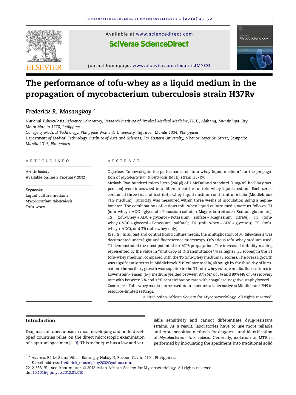 The performance of tofu-whey as a liquid medium in the propagation of mycobacterium tuberculosis strain H37Rv