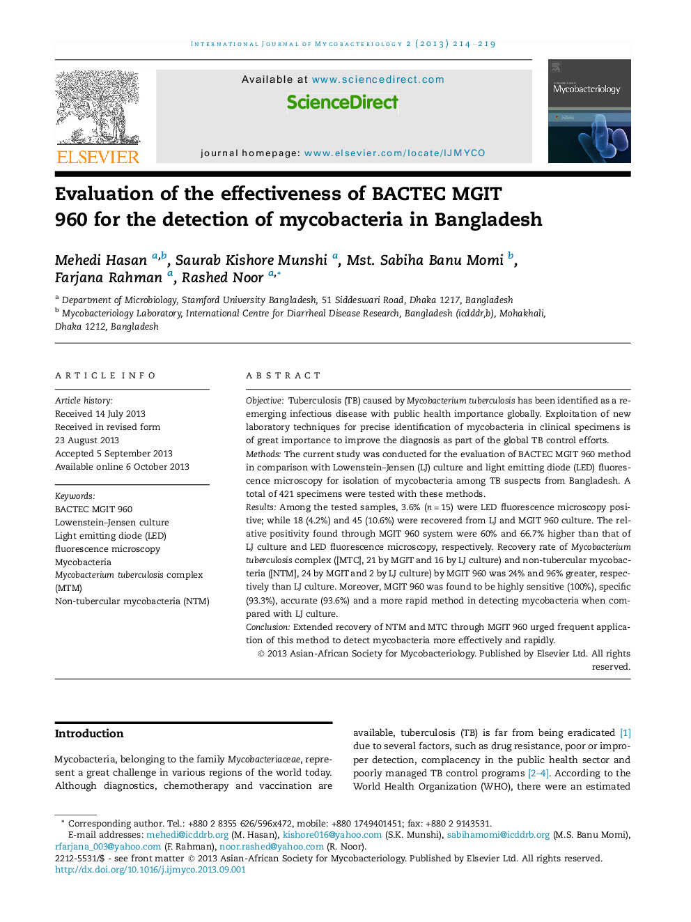 Evaluation of the effectiveness of BACTEC MGIT 960 for the detection of mycobacteria in Bangladesh