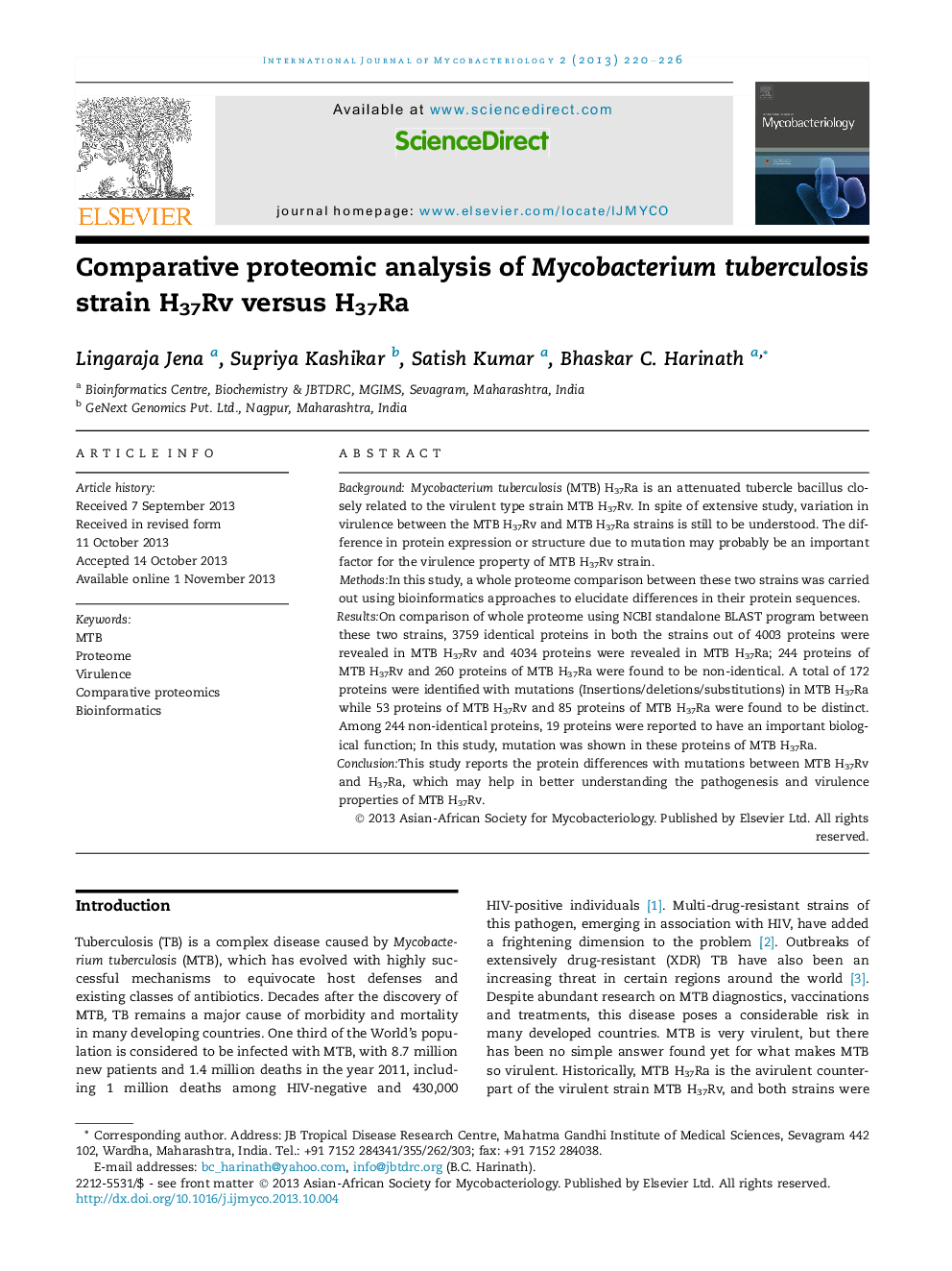 Comparative proteomic analysis of Mycobacterium tuberculosis strain H37Rv versus H37Ra