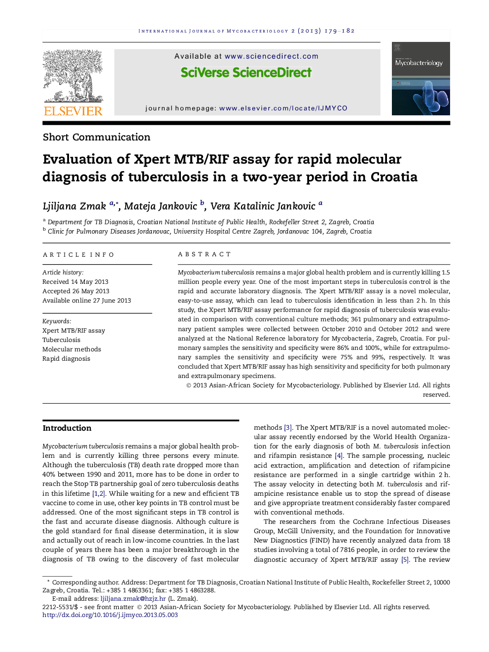 Evaluation of Xpert MTB/RIF assay for rapid molecular diagnosis of tuberculosis in a two-year period in Croatia