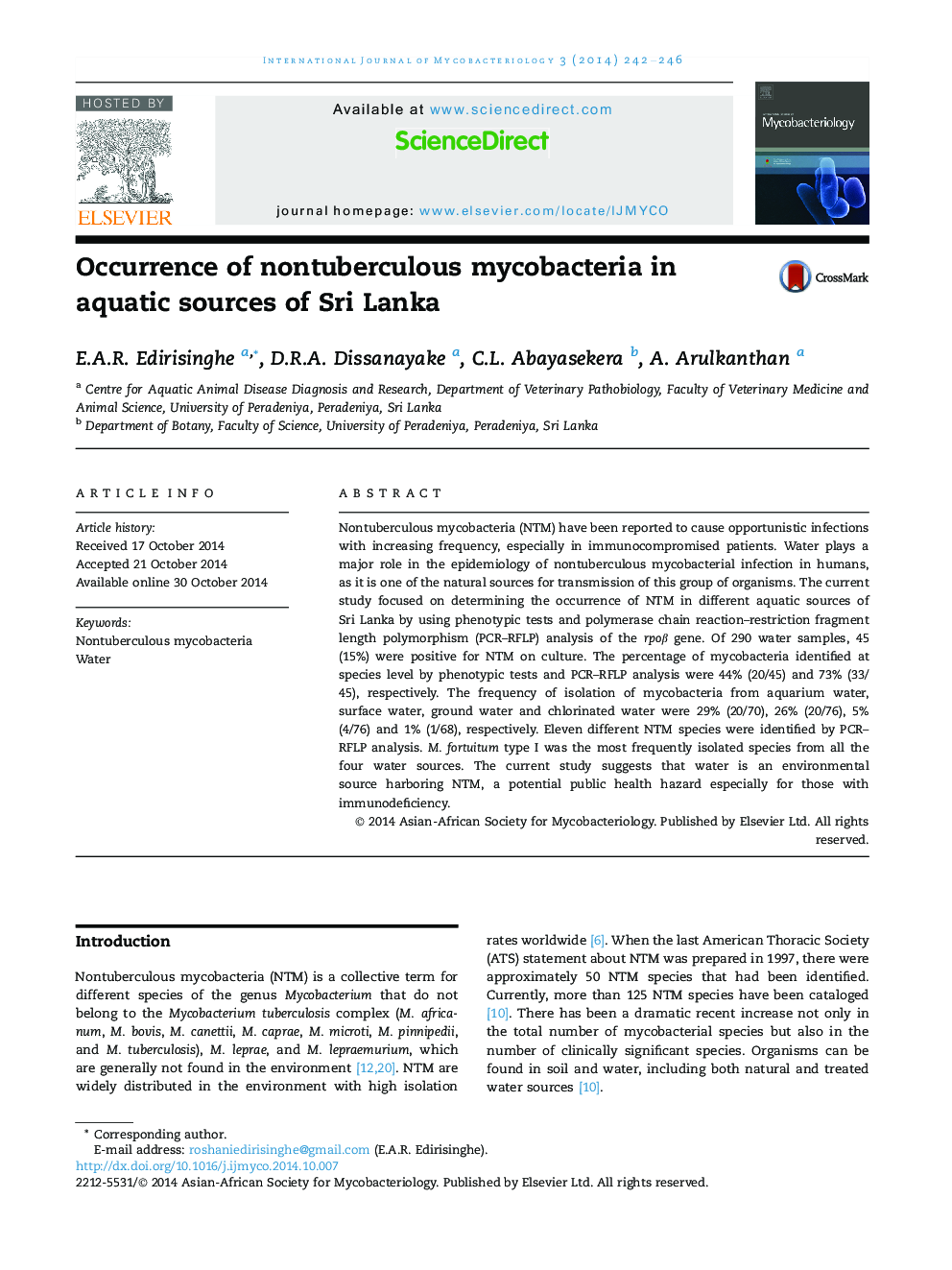 Occurrence of nontuberculous mycobacteria in aquatic sources of Sri Lanka