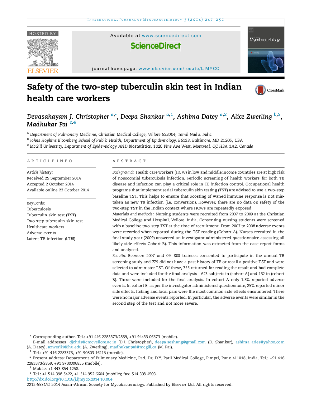 Safety of the two-step tuberculin skin test in Indian health care workers