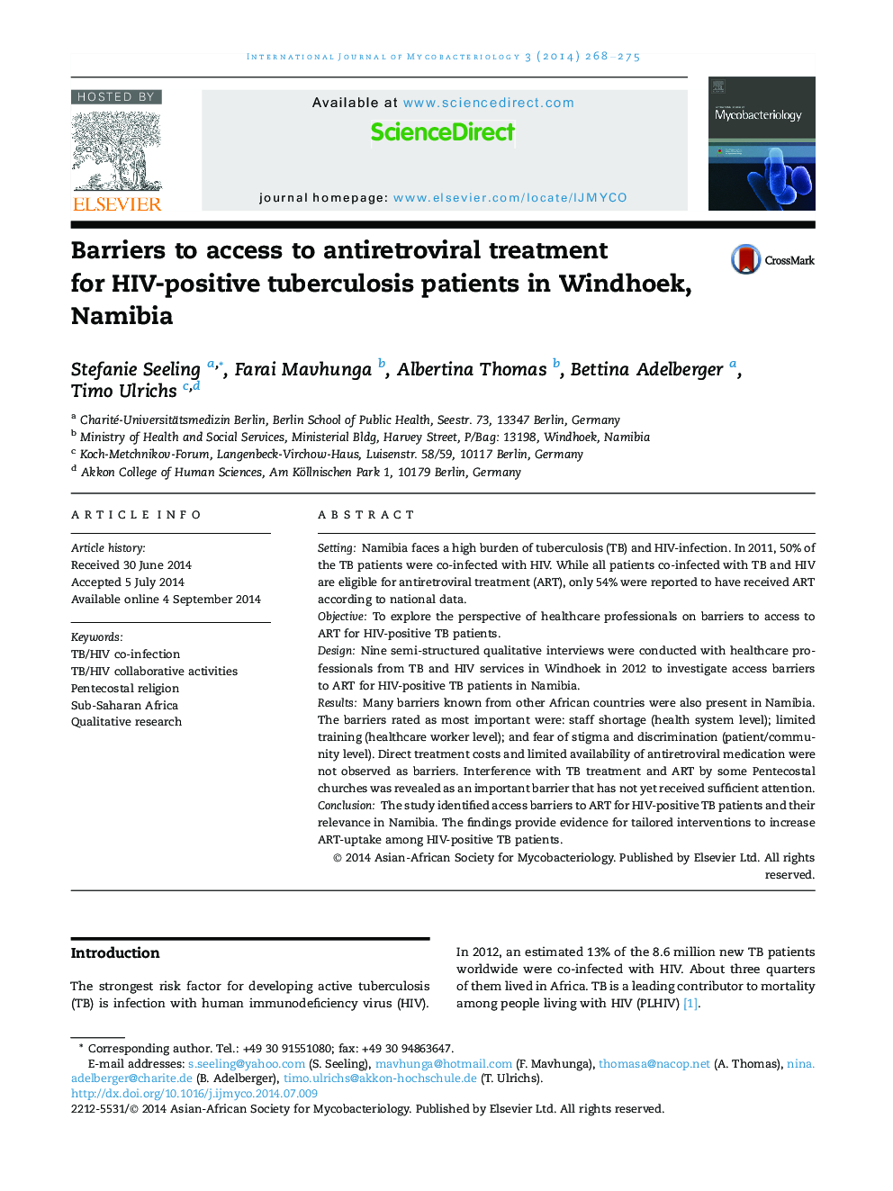 Barriers to access to antiretroviral treatment for HIV-positive tuberculosis patients in Windhoek, Namibia