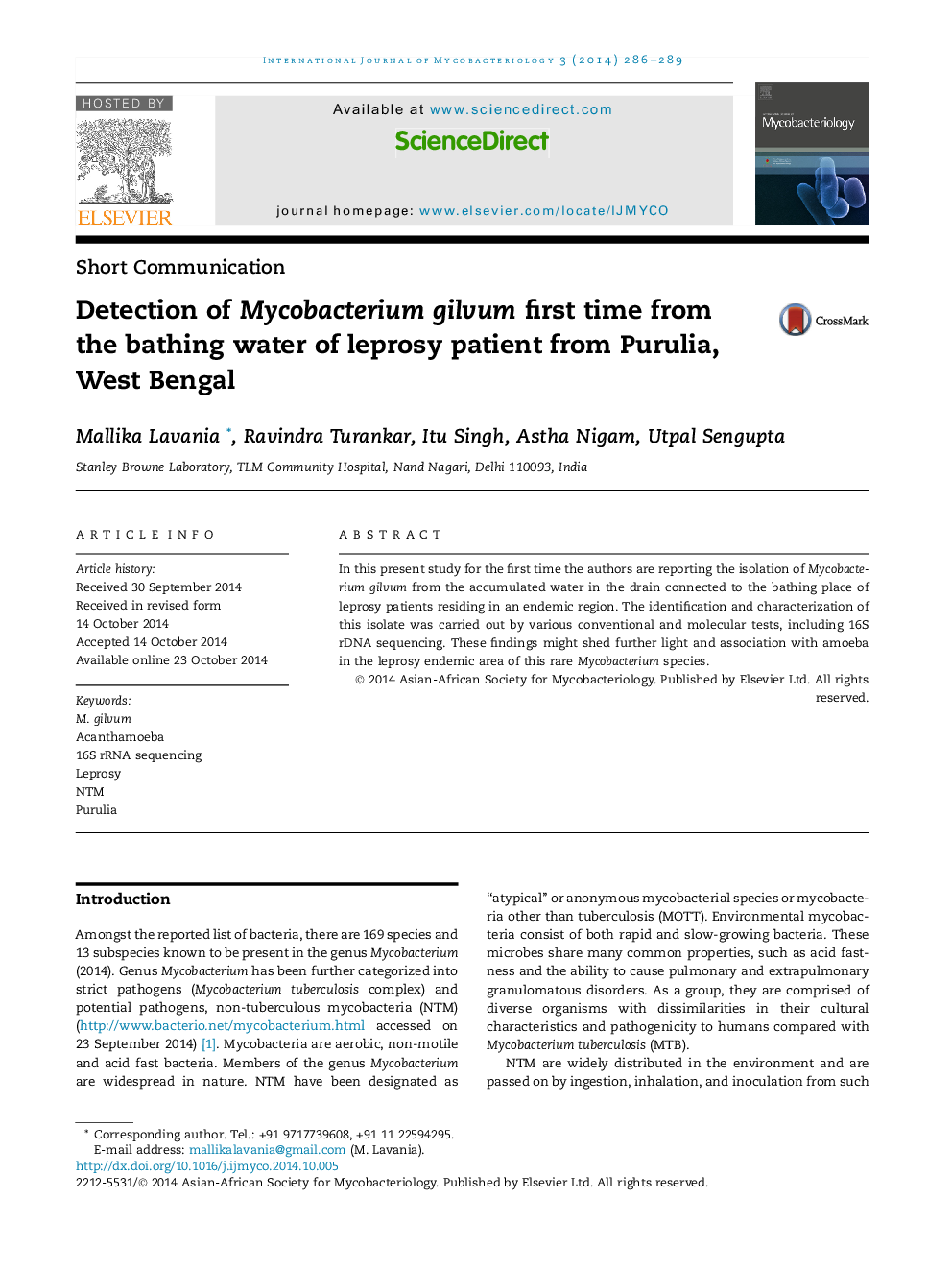 Detection of Mycobacterium gilvum first time from the bathing water of leprosy patient from Purulia, West Bengal