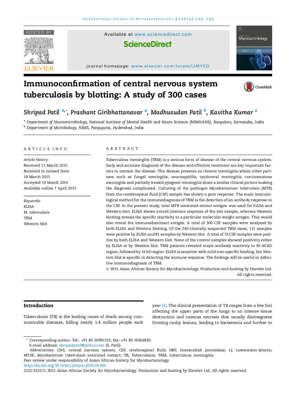 Immunoconfirmation of central nervous system tuberculosis by blotting: A study of 300 cases 