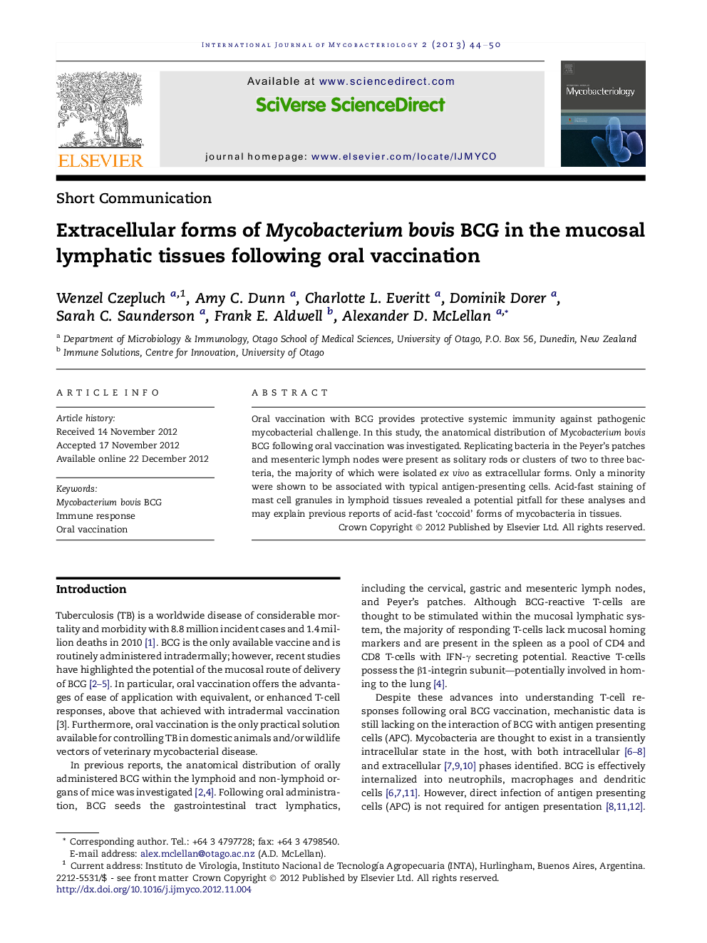 Extracellular forms of Mycobacterium bovis BCG in the mucosal lymphatic tissues following oral vaccination