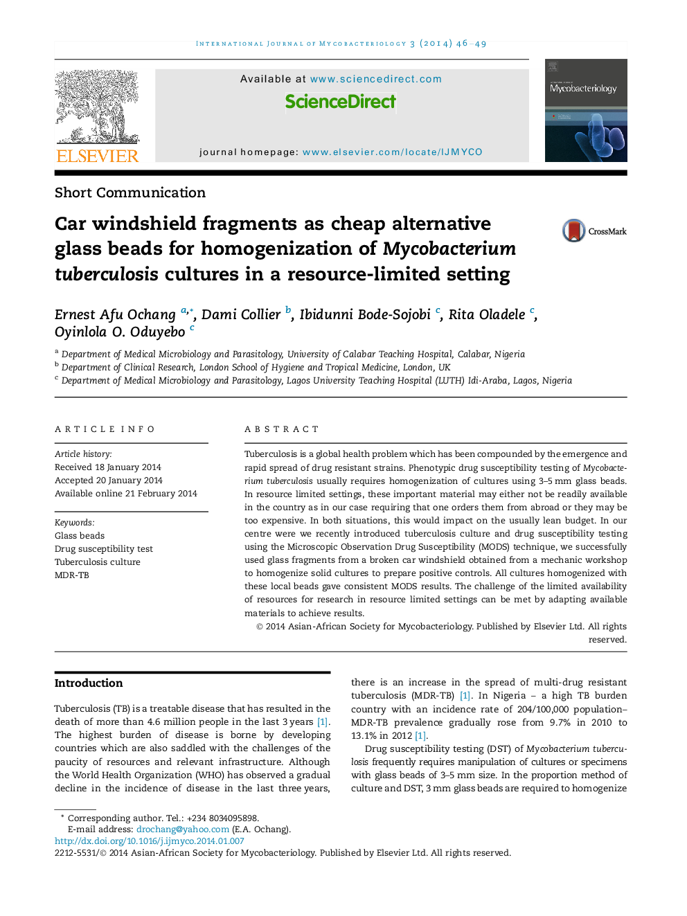 Car windshield fragments as cheap alternative glass beads for homogenization of Mycobacterium tuberculosis cultures in a resource-limited setting