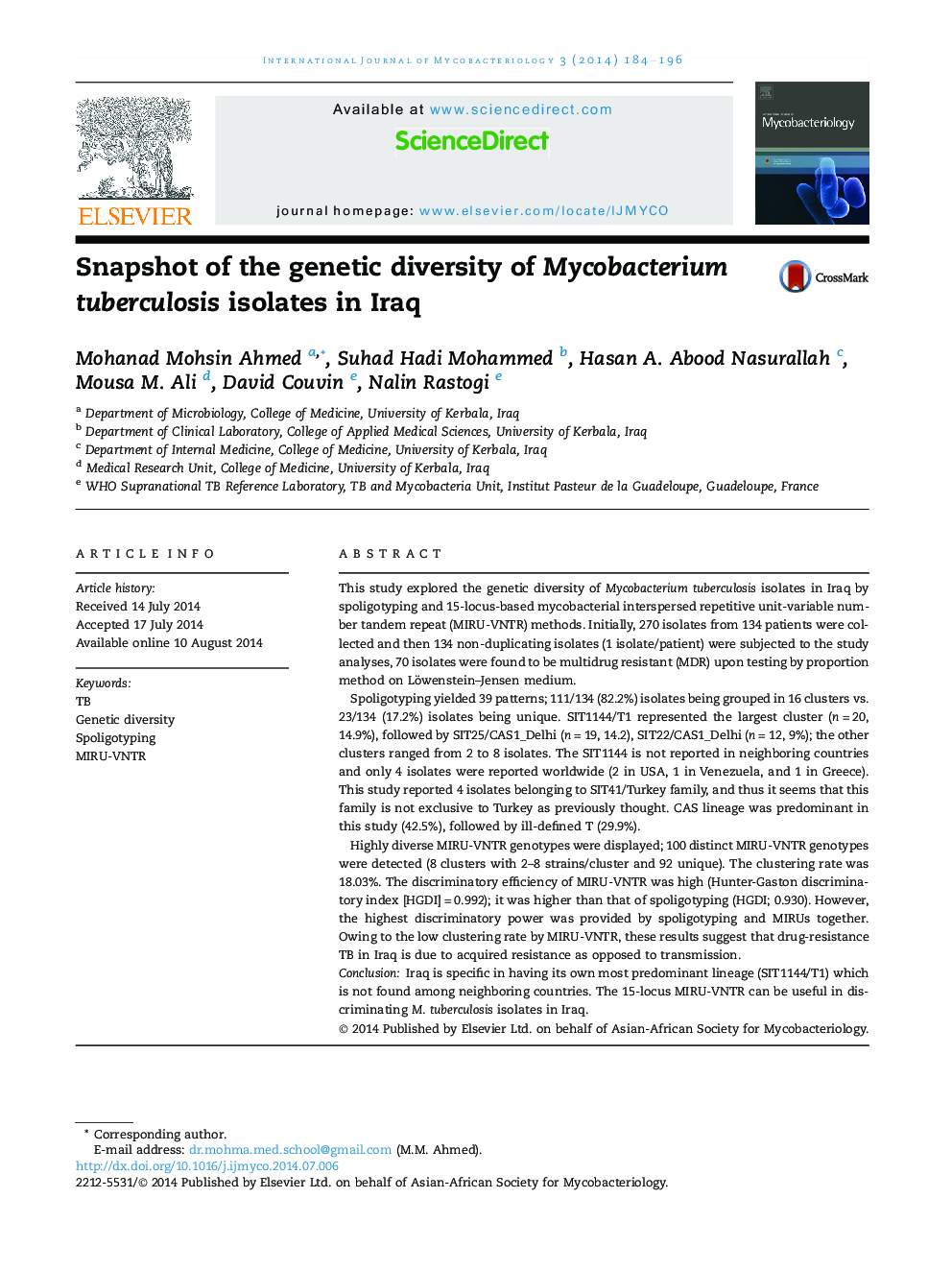 Snapshot of the genetic diversity of Mycobacterium tuberculosis isolates in Iraq