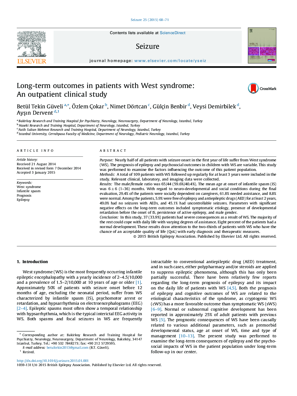 Long-term outcomes in patients with West syndrome: An outpatient clinical study