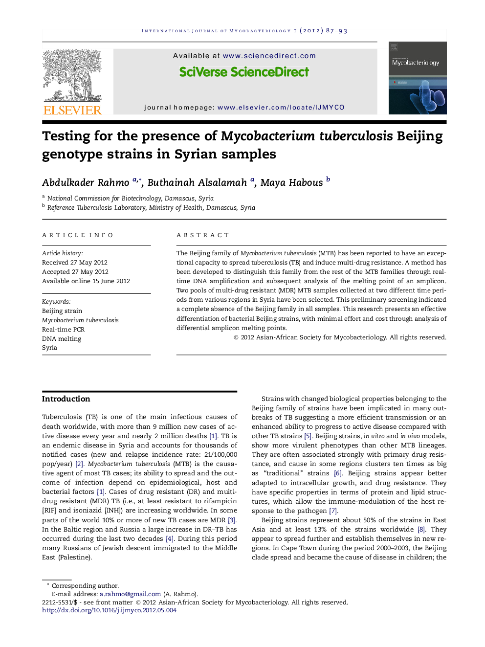 Testing for the presence of Mycobacterium tuberculosis Beijing genotype strains in Syrian samples