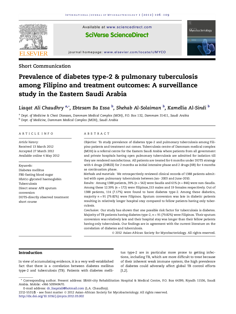 Prevalence of diabetes type-2 & pulmonary tuberculosis among Filipino and treatment outcomes: A surveillance study in the Eastern Saudi Arabia