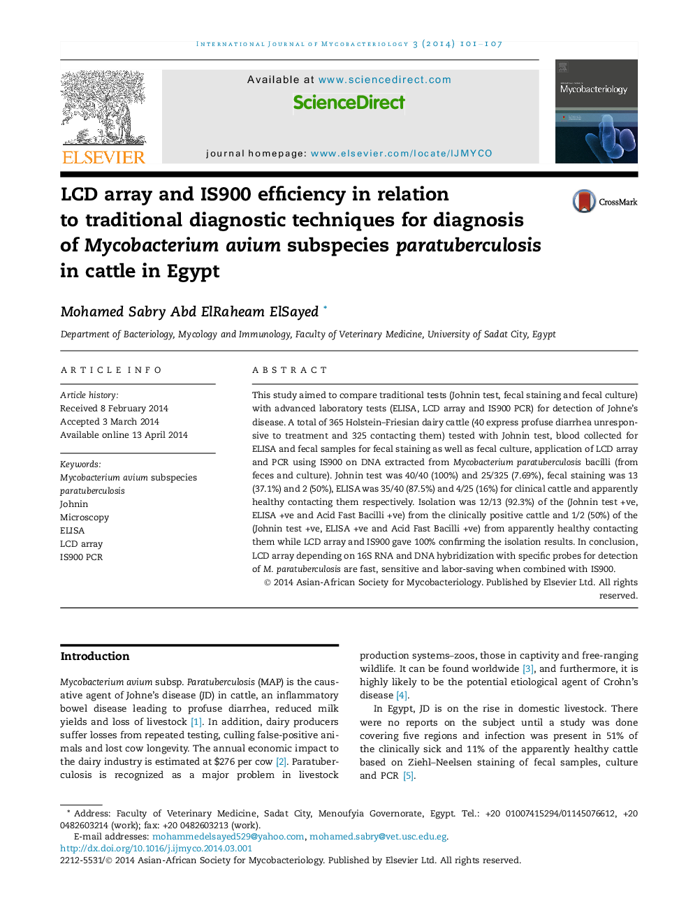 LCD array and IS900 efficiency in relation to traditional diagnostic techniques for diagnosis of Mycobacterium avium subspecies paratuberculosis in cattle in Egypt