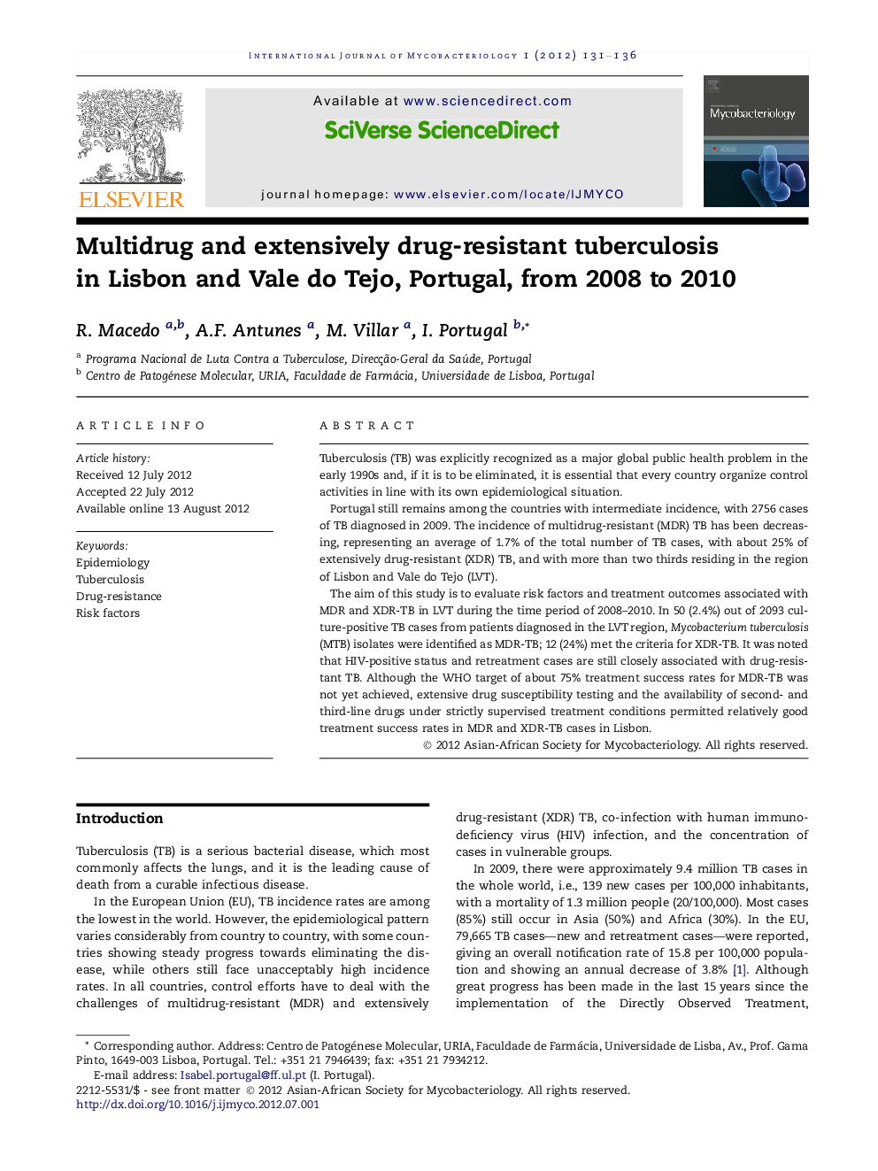 Multidrug and extensively drug-resistant tuberculosis in Lisbon and Vale do Tejo, Portugal, from 2008 to 2010