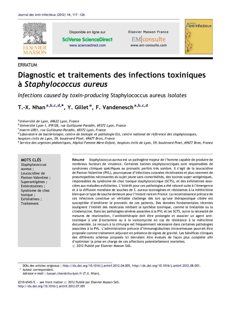 Diagnostic et traitements des infections toxiniques à Staphylococcus aureus